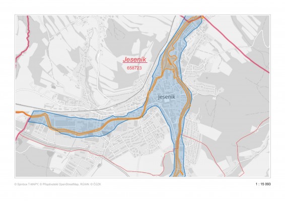 Záplavová oblast Q100 (oranžově) ve srovánín s vylitím vody z toků při povodních v září 2024 (modře)